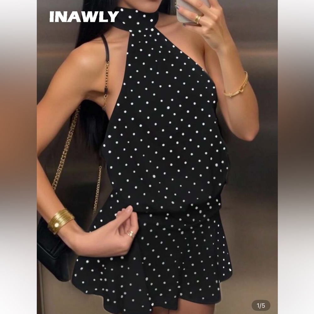 SHEIN Polka Dot Black Mini Dress with Ruffled Hem - SIZE 4